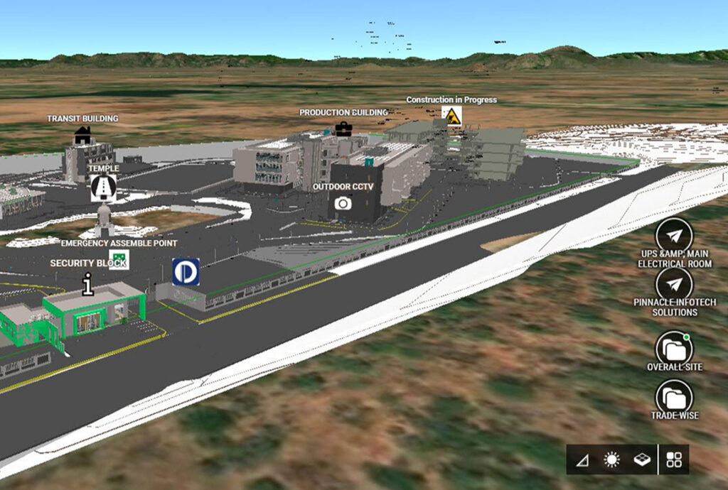 The interface of a digital twin showing the layout of a campus with labeled buildings and facilities, a finalist project by Pinnacle Infotech.
