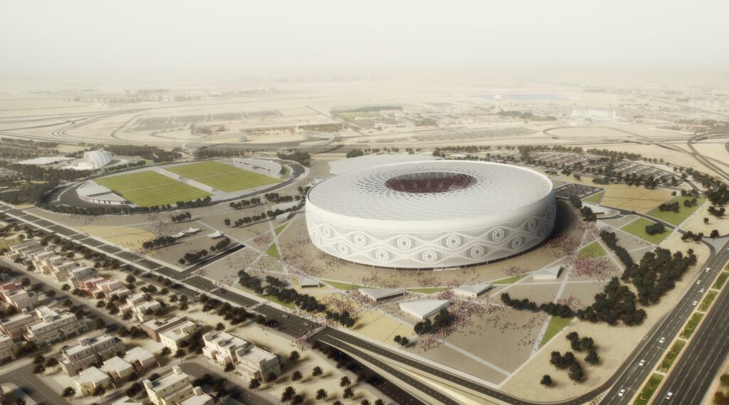 An aerial view of a stadium in qatar.