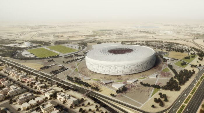 An aerial view of a stadium in qatar.