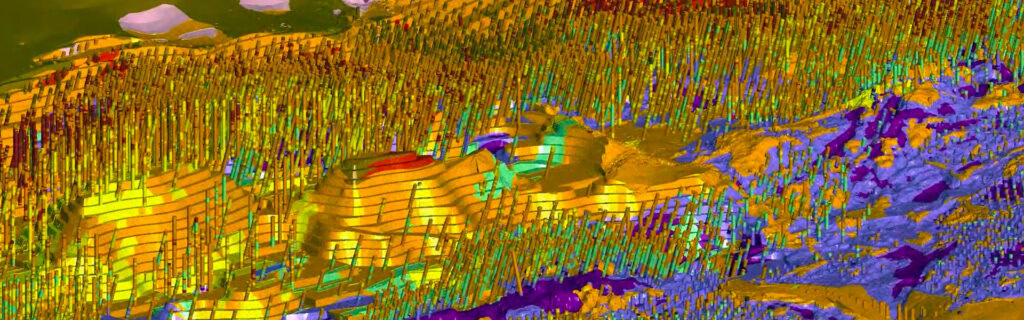 A digital abstract image featuring layered, multicolored lines and patterns reminiscent of topographic data visualization, evoking the complexity found in Open Pit Operations.