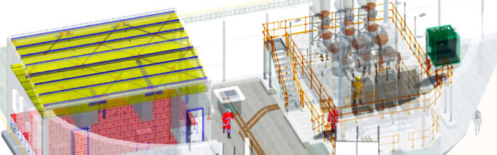 Digital rendering of an industrial facility layout, highlighting equipment, tanks, walkways, and structural frameworks in various colors with a human figure for scale—ideal for visualizing digital transformation at a 132kV substation.