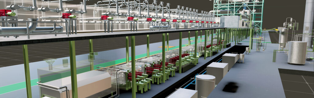 Digital rendering of a Steel Plant interior utilizing Bentley Technology, showcasing interconnected pipes, machinery, tanks, and structural frameworks in a factory setting.