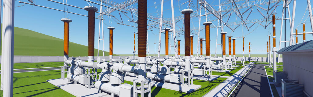 Modern electrical substation featuring high-voltage equipment and insulators, showcasing China Southern Power Grid’s commitment to advanced Power Transmission and Transformation, set outdoors with hills and fencing visible in the background.