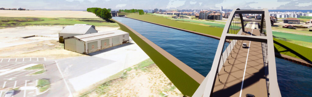 A bridge with cars crosses over the wide Canal Seine Nord Europe near industrial buildings and open fields, with a city visible in the distance.