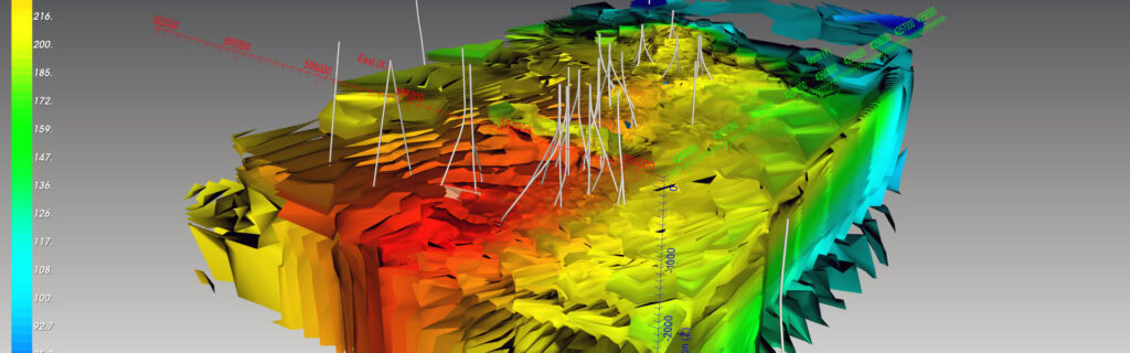 3D topographic map with color gradients from blue to red indicating elevation, marked with height lines and a scale on the left from 0 to 216—ideal for Numerical Simulation in Geothermal Field Optimization.