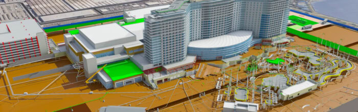 A digital rendering of the Gaylord Pacific Resort and Convention Center, a large, multi-story hotel and entertainment complex under development, featuring curved towers, outdoor areas, and nearby water.