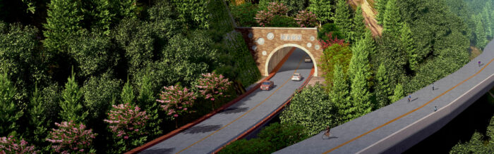 An Ecological Highway with cars enters a tunnel in a forested area near the Shuolong Border, while a parallel elevated walkway for pedestrians runs beside it.