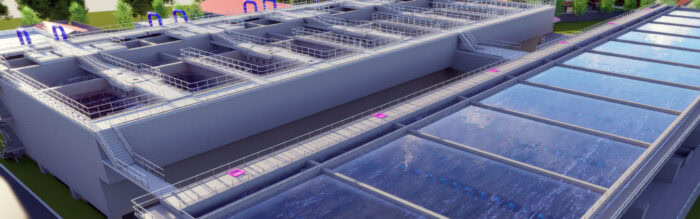 A large, modern water treatment facility by WIKA Tirta Jaya Jatiluhur features multiple tanks and walkways, driving water transformation and processing in an outdoor setting for a better tomorrow.