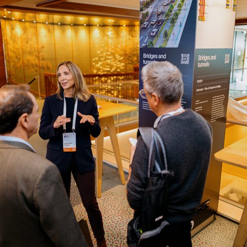 Professional woman with a conference badge explains a poster about bridges and tunnels to a small group.
