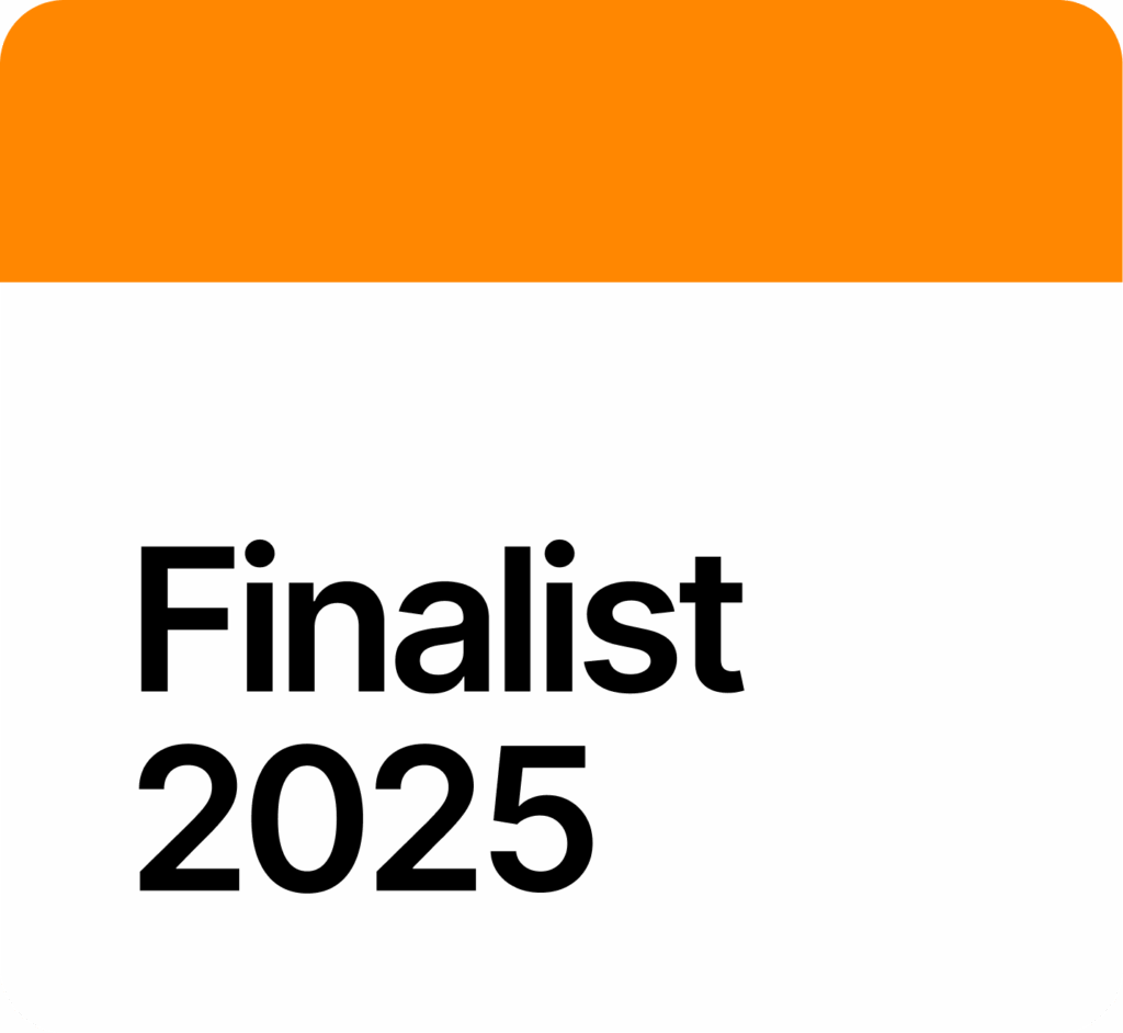 A white rectangle with an orange top bar displays the text "Finalist 2025" in large, bold black letters, highlighting recognition among top YII 2025 projects.