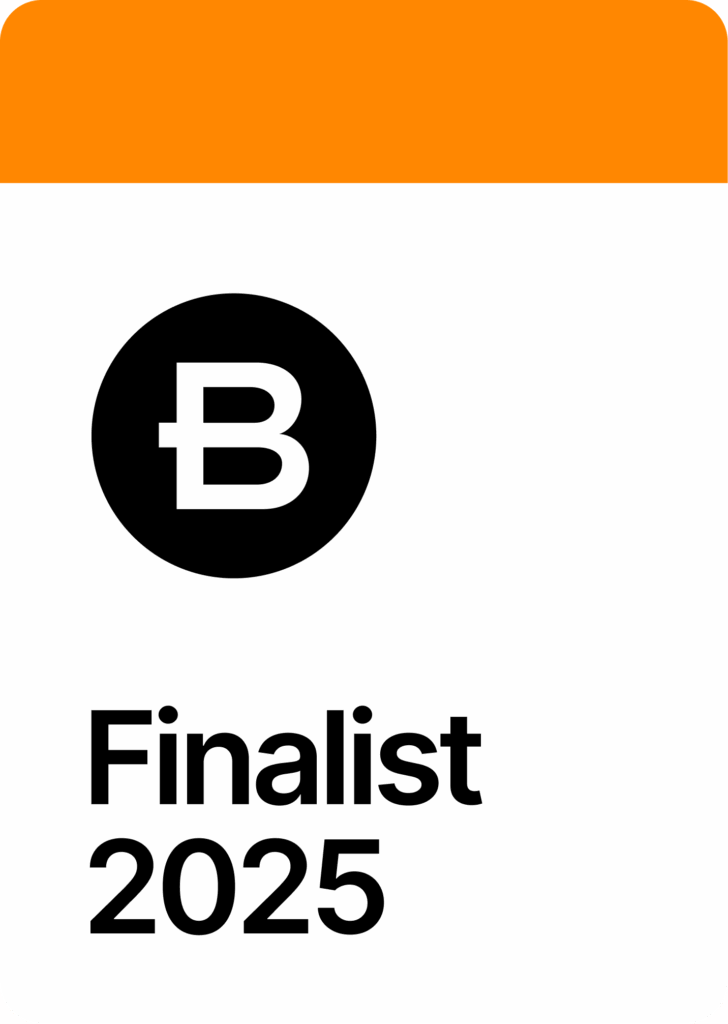 A white background with an orange bar at the top, a black circle with the letter B, and the text "Finalist 2025" below, perfect for showcasing YII 2025 or other standout 2025 projects in your Single Project Template.