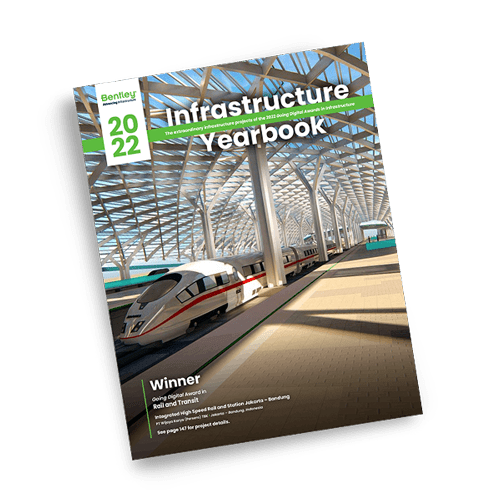 A magazine titled "Infrastructure Yearbook 2022" featuring a modern train and station with a glass roof on the cover.