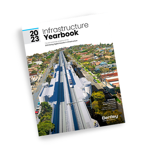 2023 infrastructure yearbook featuring a cover image of a modern transportation project.
