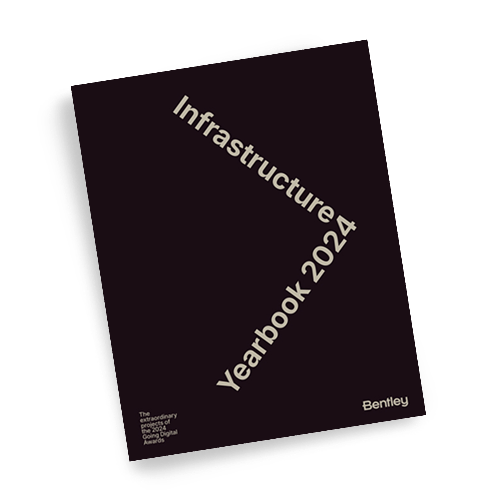 A book titled "Infrastructure Yearbook 2024" with diagonal text on a dark cover, published by Bentley.