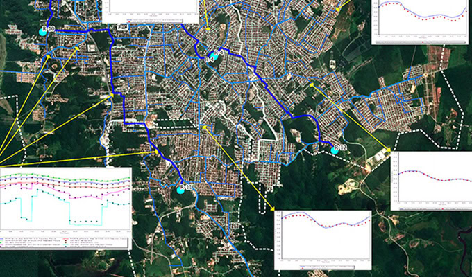 Satellite map of a city with highlighted routes and markers, overlaid with inset line graphs showing data trends at various points along the routes.