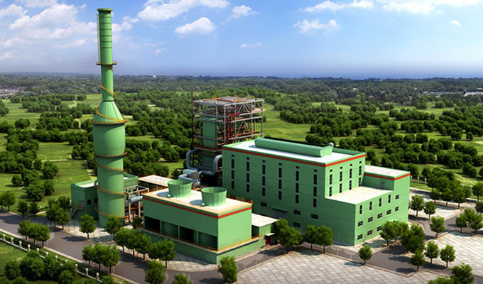 A green industrial facility with large chimneys and multiple buildings, powering a 60MW power project using blast furnace gas power generation, surrounded by trees and greenery under a blue sky.
