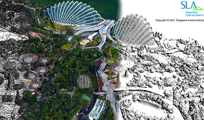 A split-image shows Gardens by the Bay in Singapore, with one half as a detailed aerial photo and the other half as a wireframe digital model.