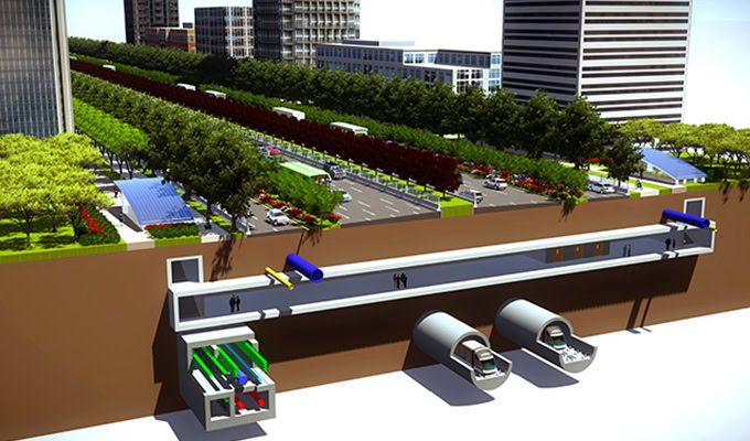 Cross-section illustration of an urban area showing roads, greenery, buildings above ground, and tunnels for vehicles, utilities, and pedestrians below ground.