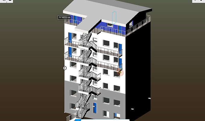 3D model of a multi-story building with external staircases on one side, flat roof, balconies, and windows on each floor—perfect for showcasing Digital Estates projects.