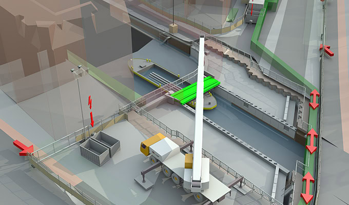 A digital rendering shows a construction site next to a canal with a boat, a green bridge, machinery, and red arrows indicating a pedestrian route along barriers.