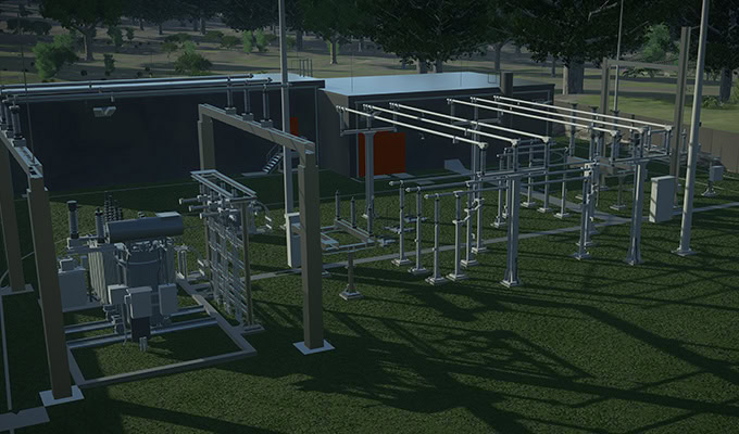 A 3D-rendered image of an electrical substation with transformers, power lines, and equipment on a grassy area, surrounded by trees and a building in the background.