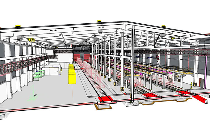 A 3D digital model of an industrial building interior shows structural beams, columns, equipment, and mechanical systems in a partially transparent view.