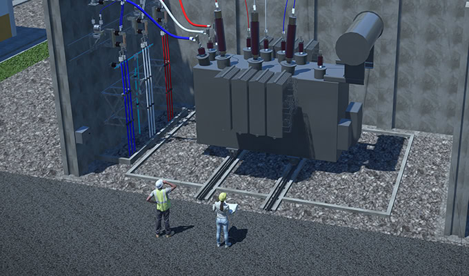 Two workers in safety gear stand near a large outdoor electrical transformer with visible cables and concrete walls at a power facility.