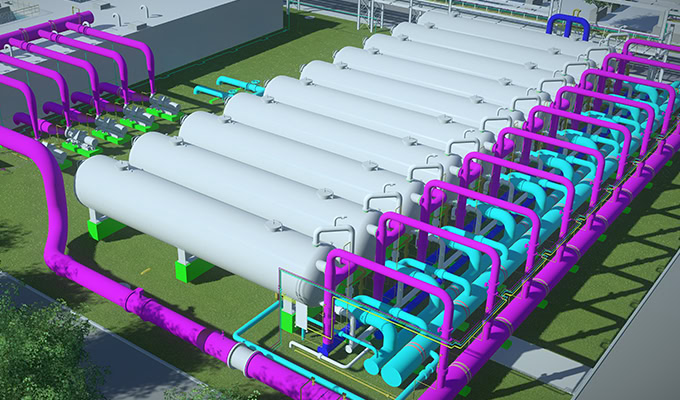 A digital rendering of an industrial facility shows multiple large white cylindrical tanks connected by purple, blue, and green pipelines.