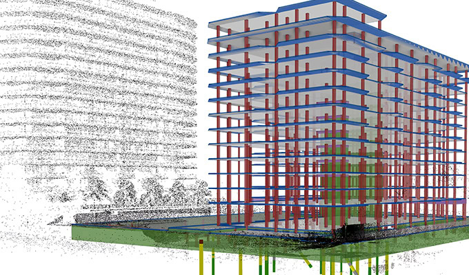 A digital rendering of a building's structural framework is shown beside a point cloud model of a similar building, highlighting the role of Enterprise Data Management in USACE projects.