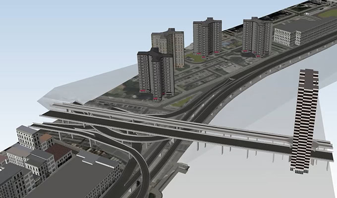 A digital rendering of a multi-level highway interchange with overpasses, surrounded by high-rise residential buildings and urban infrastructure.