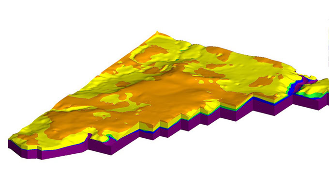 3D topographic map with layered elevation levels in yellow, green, and purple, illustrating terrain variation on a polygonal land section—ideal for visualizing Nickel-Cobalt Exploration innovations in Southeast Sulawesi.