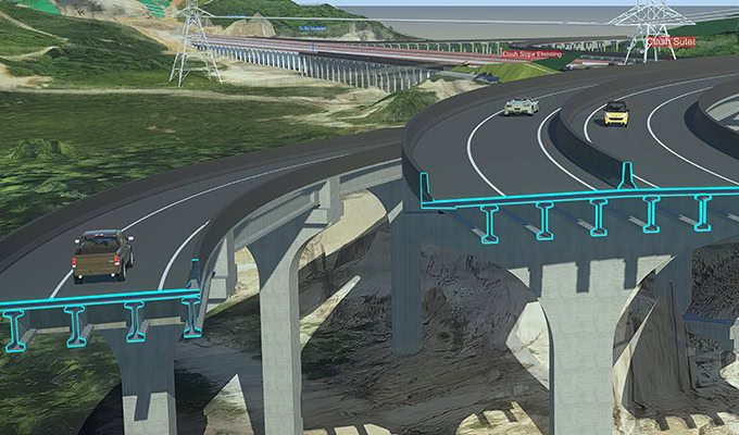 A digital rendering of the Nusantara Road shows a multi-level highway bridge under construction, with cars driving on completed sections over rocky terrain, highlighting highway connectivity in the New Capital City of Indonesia.
