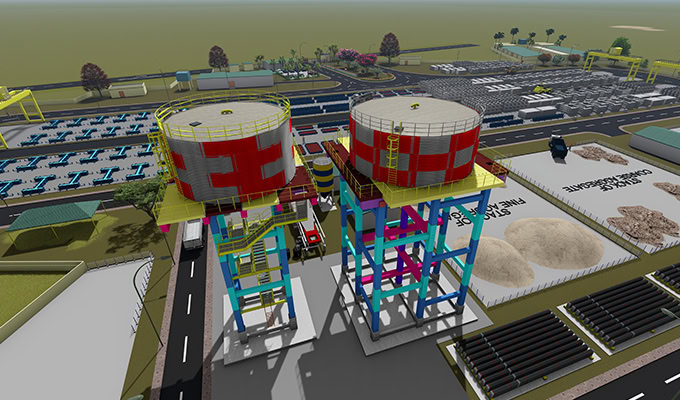 A computer-generated image shows two large, cylindrical industrial tanks on multicolored steel frameworks at a construction site, depicting infrastructure development for the Uttar Pradesh Tube Well Project under the Jal Jeevan Mission.