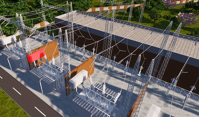 Aerial view of an electrical substation with metal pylons, transformers, and power lines—part of Shandong Energy Group’s advanced network—surrounded by greenery and trees, with a nearby road visible.