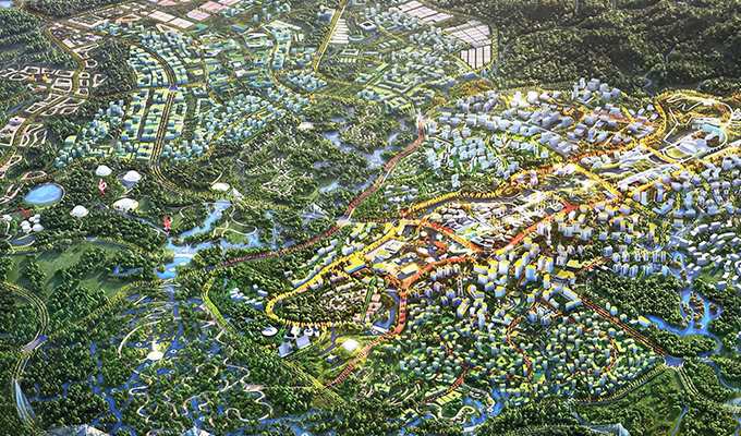 Aerial illustration of the New Capital City of Indonesia, featuring clusters of buildings, roads, and dense greenery surrounding the Nusantara Presidential Complex and natural landscapes.
