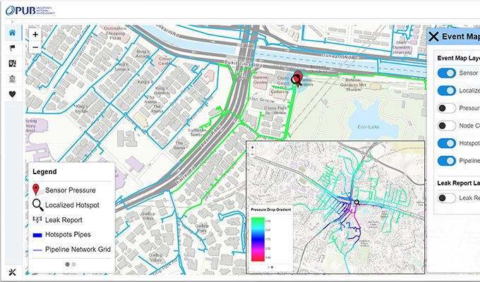 A digital map shows pipelines, hotspots, and sensor pressure data overlayed on a city layout, with a legend and event map layers visible on the right.
