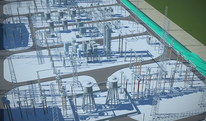 A digital rendering of an industrial facility, including processing towers, storage tanks, and a network of pipes and power lines along a waterway, showcases advanced digital applications for full life cycle management.