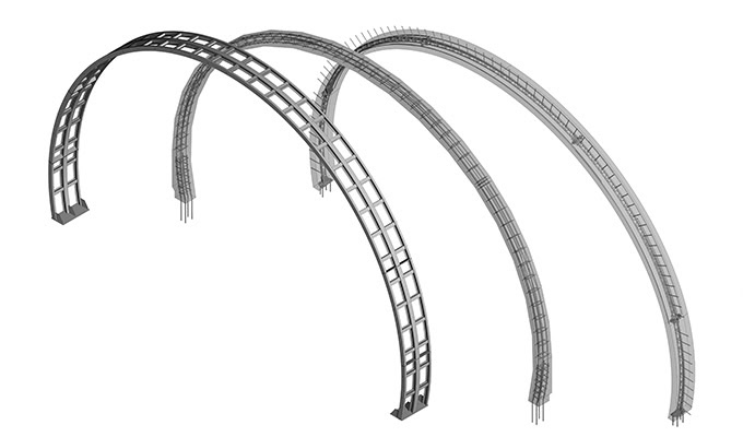 Three arched steel frame structures are shown in different stages of digital modeling, from basic outline to detailed framework, on a white background.