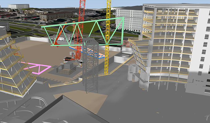 Digital rendering of a construction site with cranes, partially built structures, and nearby finished buildings visible in an urban environment.