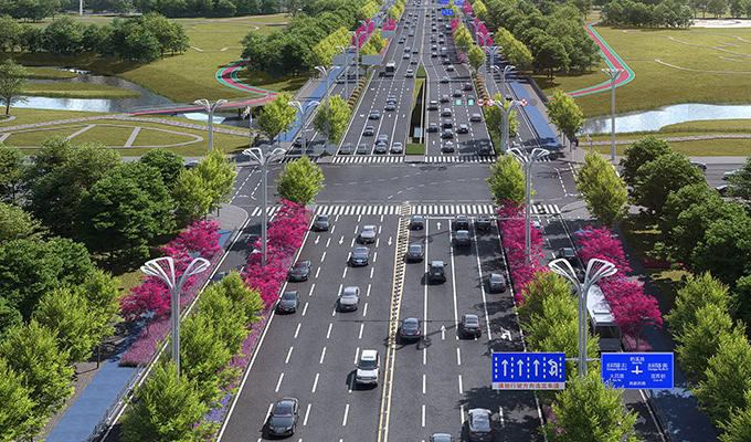 A wide, multi-lane road from the 4th Road Reconstruction in Wuhan Gaoxin, with cars driving both ways, lined with trees and pink flowers, runs through a landscaped park area with walking paths and ponds.