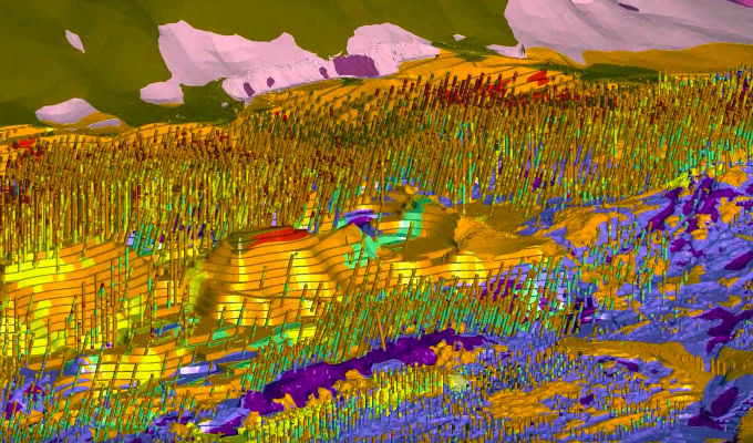 Colorful digital rendering shows a topographic landscape with various elevations, grid lines, and contour markers in yellow, green, purple, and red—ideal for visualizing Open Pit Operations or supporting Integrated Risk Management strategies.