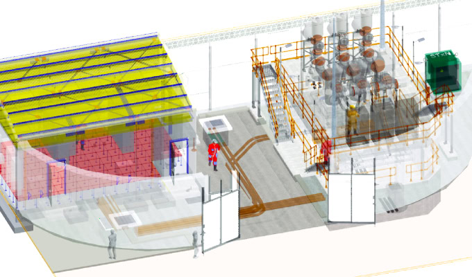 3D rendering of an industrial facility, including 132kV substation features, with structures, tanks, pipes, platforms, safety railings, and a worker in protective clothing—showcasing digital transformation at Bunning Lake.