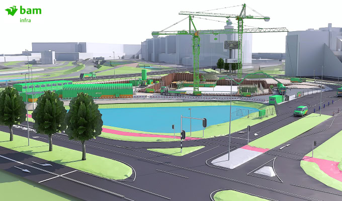 A construction site with cranes and equipment near a pond, surrounded by roads, trees, and buildings close to Amsterdam Airport Mainstation Schiphol; BAM Infra logo is visible in the top left corner.