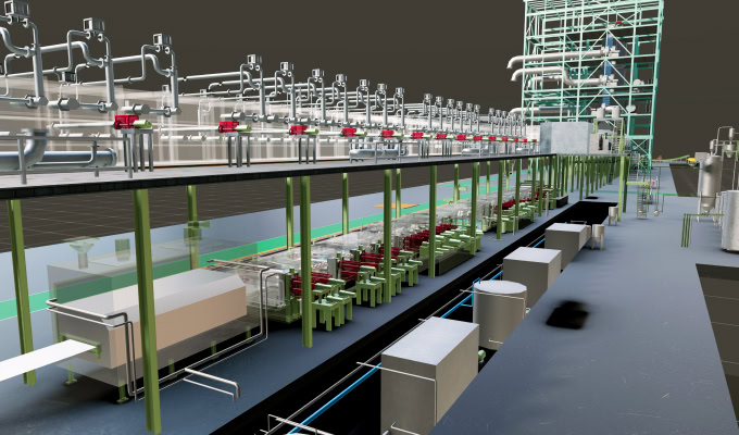 Digital rendering of a steel plant with pipes, tanks, machinery, and a multi-level structure, showcasing equipment likely used for processing or manufacturing with Bentley Technology.