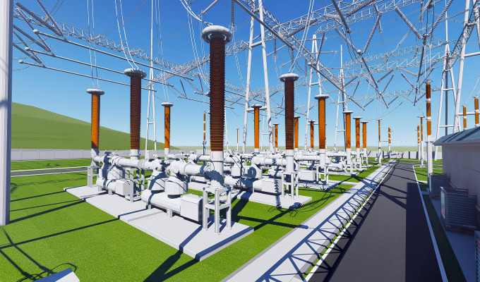 Outdoor electrical substation with high-voltage equipment, insulators, and transmission lines—showcasing Power Transmission and Transformation for China Southern Power Grid—surrounded by green lawns and a clear blue sky.