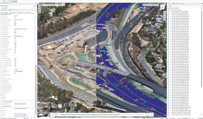 Aerial view of a highway construction site displayed on a computer screen with project data and file directory panels visible.