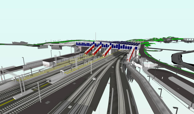 Digital rendering of a large road toll plaza with multiple lanes and barriers, adjacent to the new railway connection for the Palermo-Catania-Messina railway in Sicily, viewed from above.