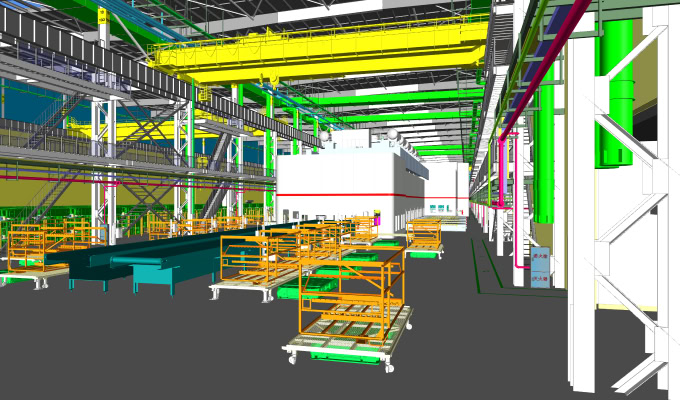 Digital rendering of a large Stamping Workshop interior in the Prosperity Intelligent Manufacturing Industrial Park, featuring machinery, platforms, overhead cranes, and workstations in a spacious, well-lit environment.