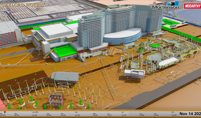 Digital rendering of the expansive Gaylord Pacific Resort, featuring multiple hotel buildings, a convention center, outdoor structures, and a water park area, labeled Gaylord Hotels and dated November 14, 2023.