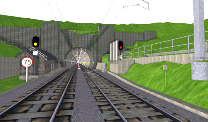 A railway track leads into the Severn Tunnel through a grassy hill, flanked by signal lights showing red and a speed limit sign of 75 km/h.